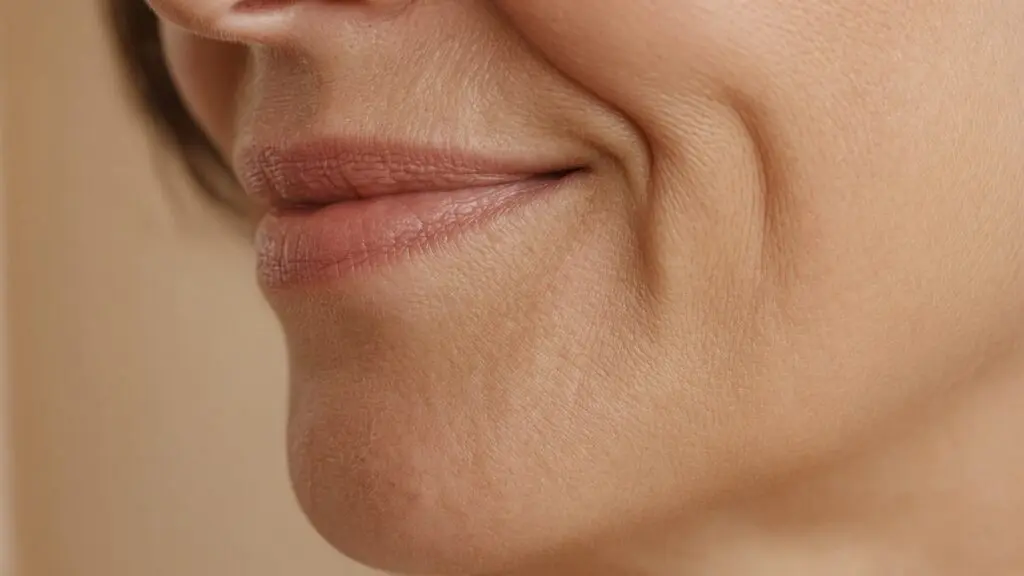 Vitamin C and Glycolic Acid: 7 Proven Rules for Safe Glow. Close-up of mature cheek and smile-line skin with fine lines and a soft, smooth glow after using vitamin c and glycolic acid.