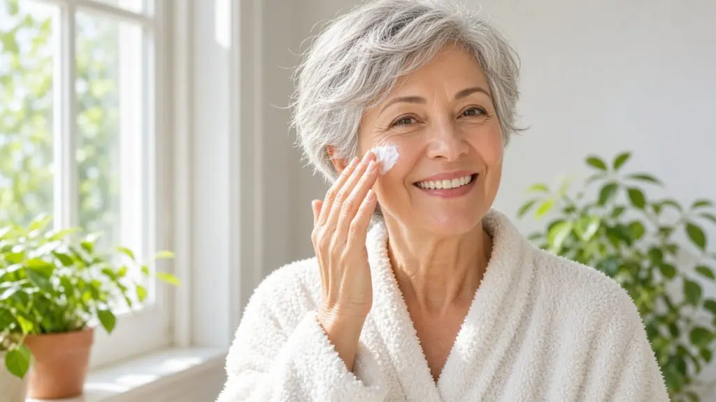 Vitamin C and Glycolic Acid: 7 Proven Rules for Safe Glow. Smiling woman over 50 in a white robe applying sunscreen to her cheekbone by a sunny window, the morning step after vitamin c and glycolic acid.