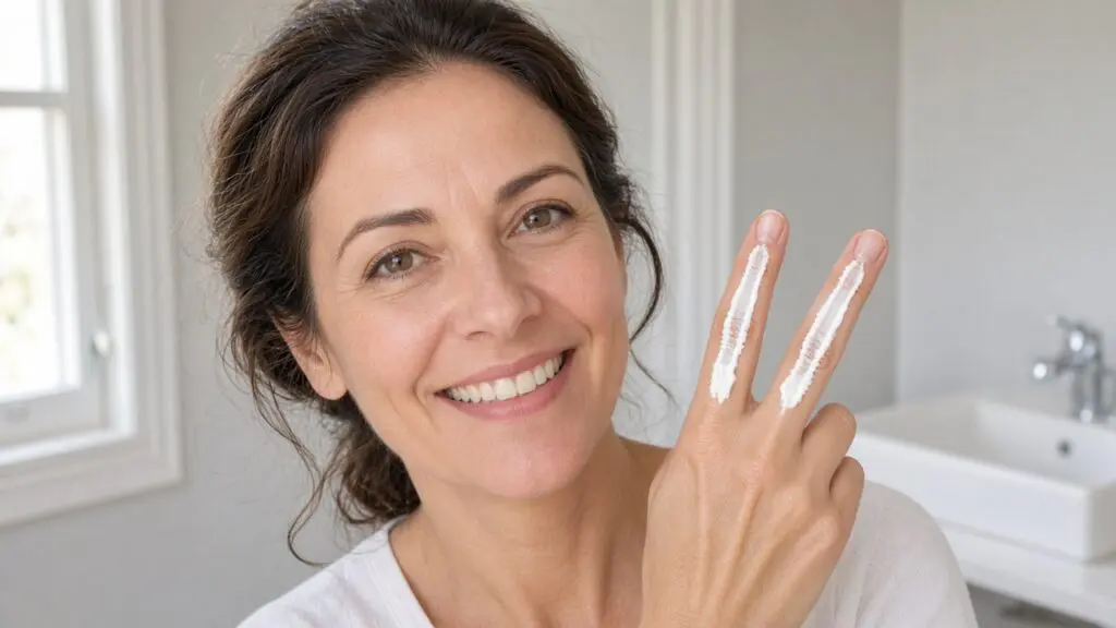 Smiling woman over 40 holding up two fingers lined with white sunscreen to show how much to use in a vitamin C serum and sunscreen routine