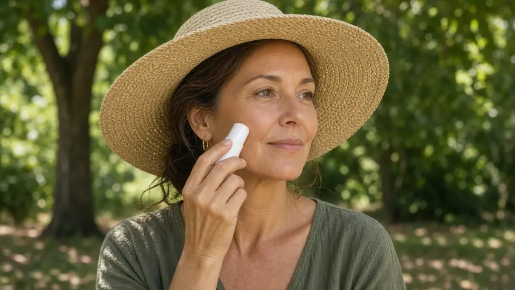 Woman in her late 40s in a straw sun hat reapplying a sunscreen stick to her cheek in the shade, a key vitamin C serum and sunscreen habit