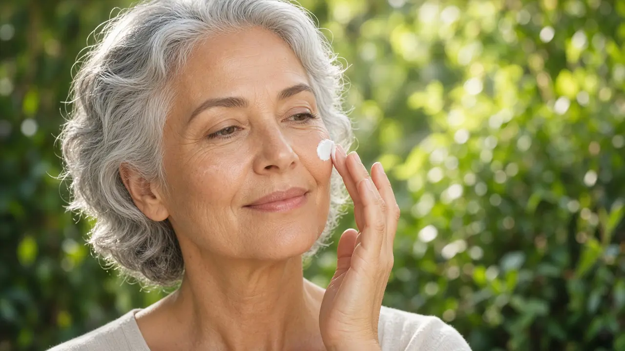 Woman in her 50s with silver hair smoothing sunscreen onto her cheek in a sunny garden as part of her vitamin C serum and sunscreen routine