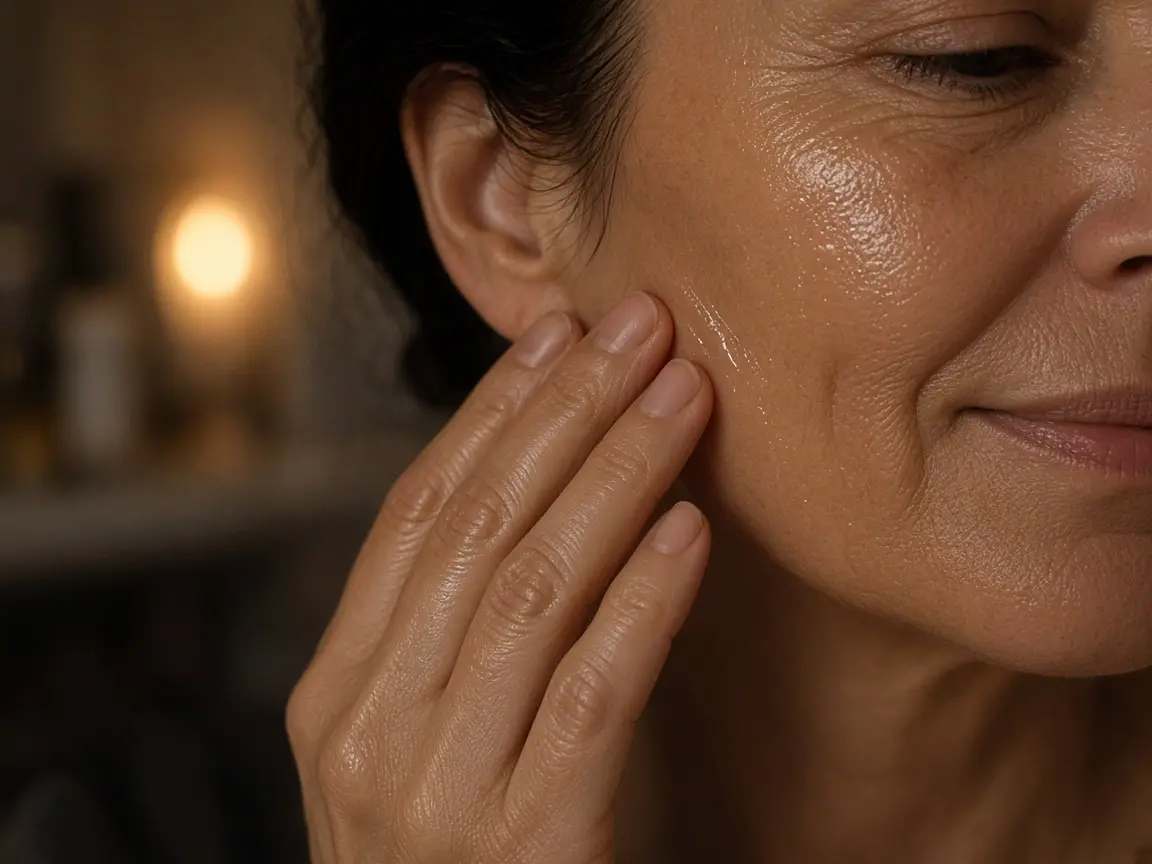 Vitamin C Serum at Night: 7 Smart Tips for Radiant Skin Close-up of a woman in her 50s pressing a clear vitamin C serum at night into her cheek near the jawline, warm vanity light glowing behind her