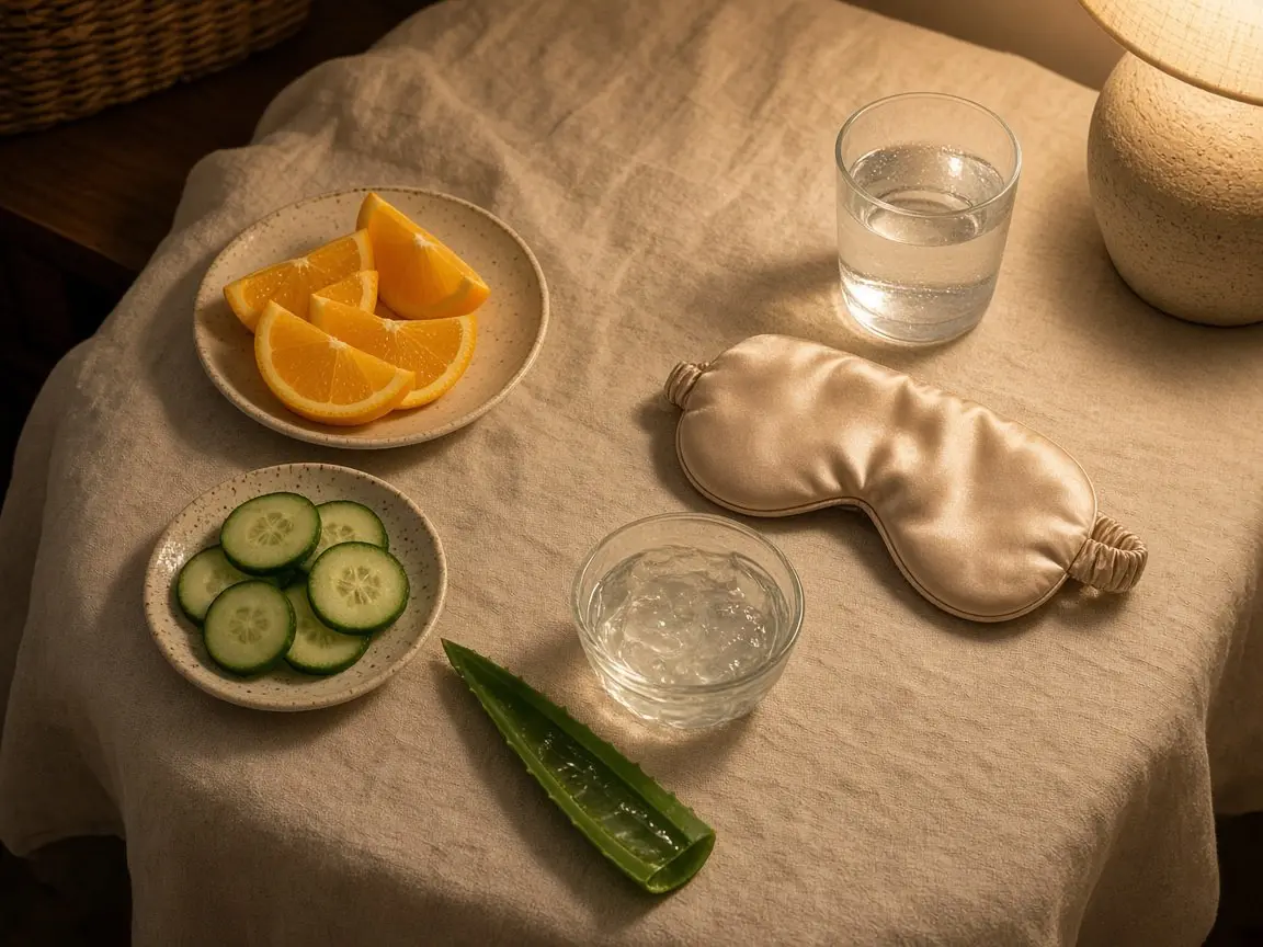 Vitamin C Serum at Night: 7 Smart Tips for Radiant Skin Bedside table with orange slices, cucumber rounds, a split aloe leaf, a dish of clear gel, a silk sleep mask and water for a vitamin C serum at night routine