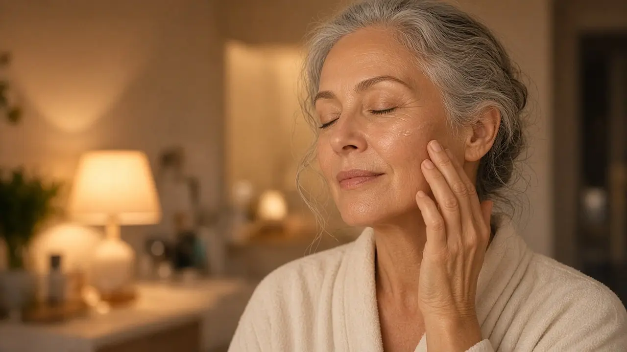 Smiling woman in her 50s with silver hair and a cream robe pressing her fingertips to her cheek in a lamp-lit bathroom, applying vitamin C serum at night