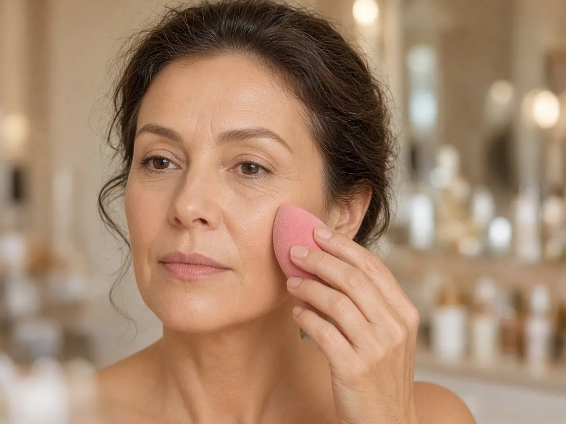 Woman in her 50s pressing foundation on with a pink sponge after applying vitamin c serum before makeup