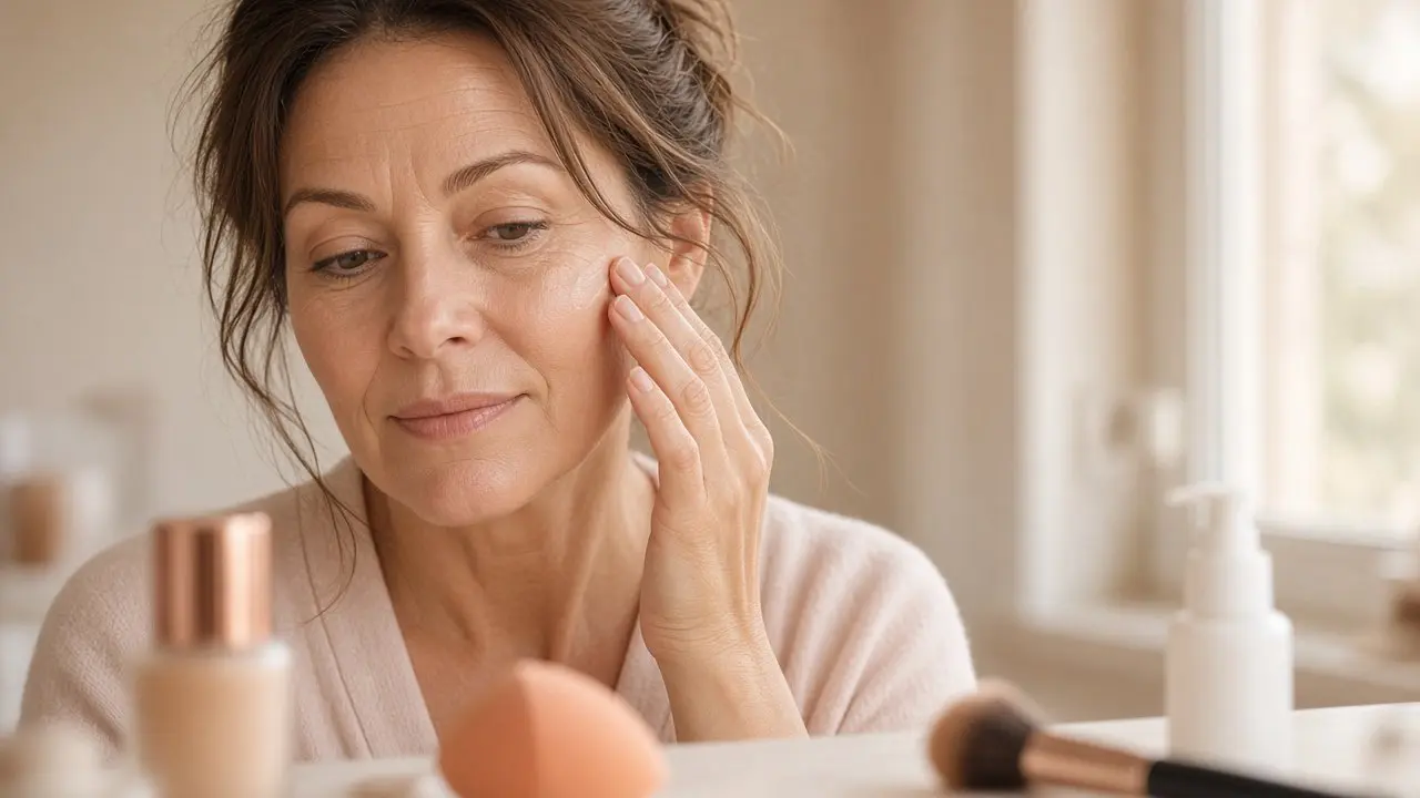 Woman in her late 40s patting vitamin c serum before makeup into her cheek at a sunlit vanity
