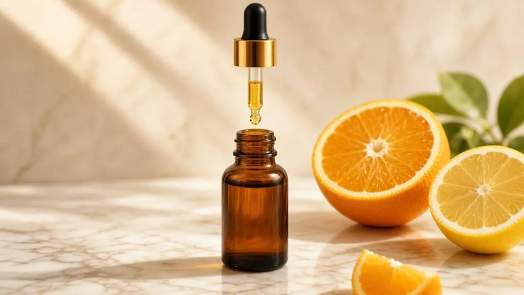 Amber vitamin C serum dropper bottle on a marble counter next to fresh orange and lemon halves, showing the benefits of vitamin C serum for skin