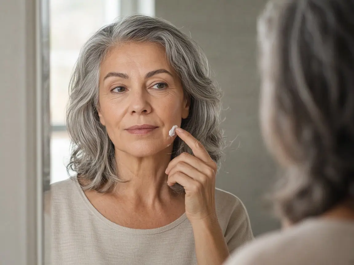 Woman in her 50s patch testing a skincare product on her jawline to avoid vitamin c serum burning