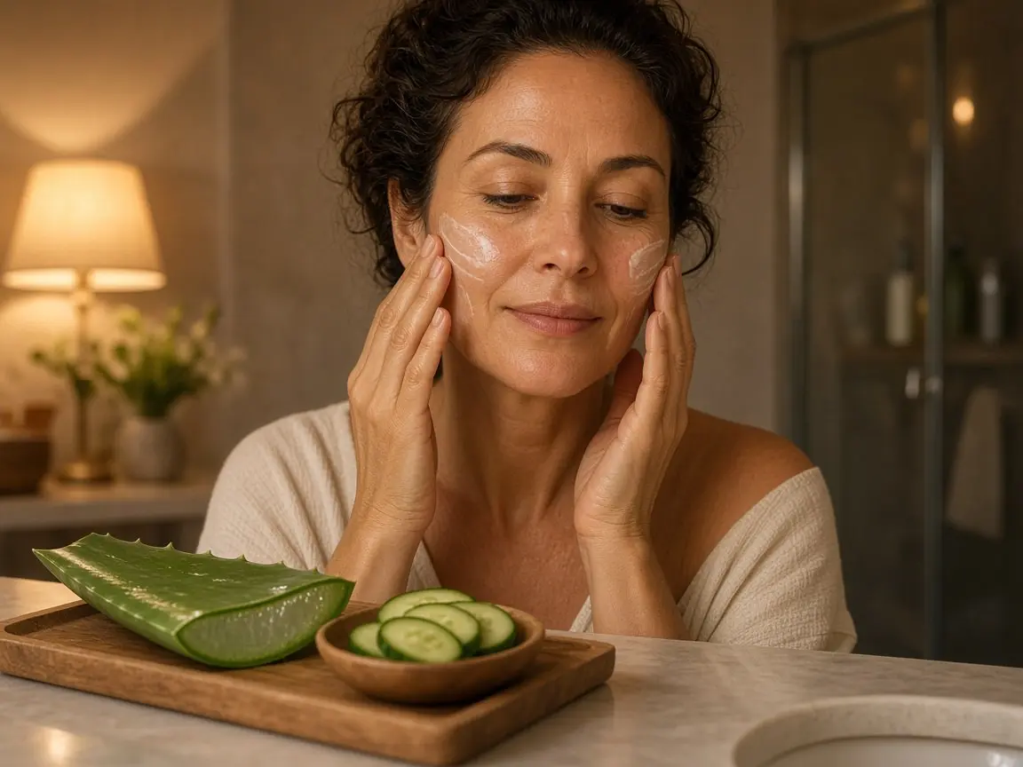 Woman around 45 applying a soothing moisturizer with aloe and cucumber after vitamin c serum burning