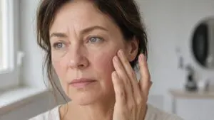 Woman in her late 40s touching a flushed cheek, wondering about vitamin c serum burning