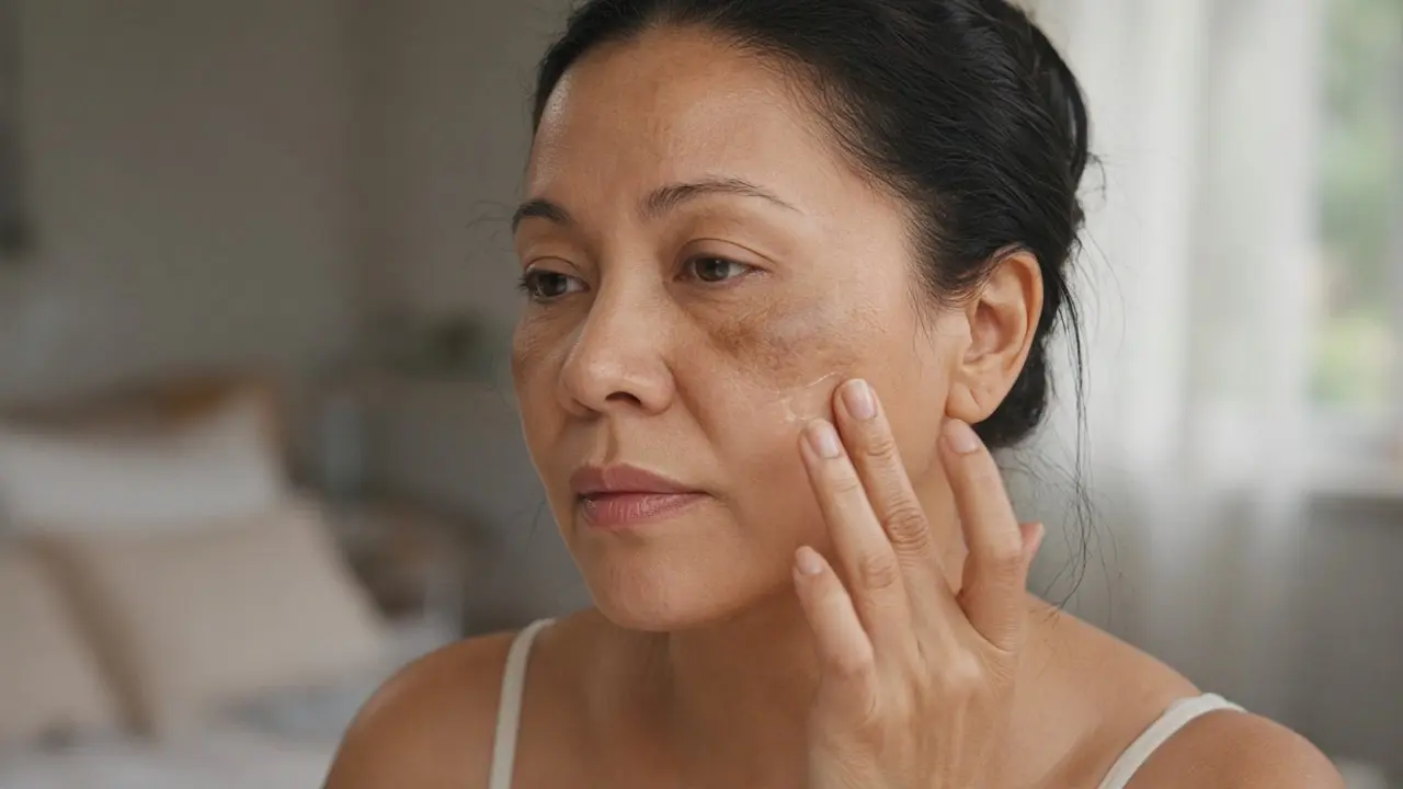 Vitamin C Serum During Pregnancy: 7 Essential Tips for Glow Close-up of a woman with brown melasma patches on her cheek smoothing on a clear serum, a common reason to look into vitamin c serum during pregnancy