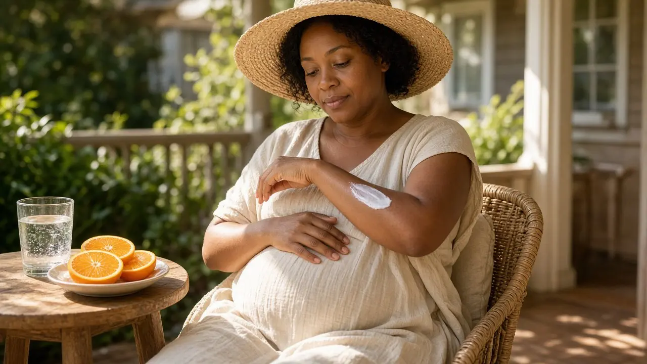 Vitamin C Serum During Pregnancy: 7 Essential Tips for Glow Pregnant woman in a straw hat applying sunscreen to her arm on a sunny porch, pairing sun protection with vitamin c serum during pregnancy
