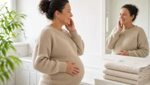 Expecting mother in a knit sweater smiling at her glowing skin in a bathroom mirror, thinking about vitamin c serum during pregnancy