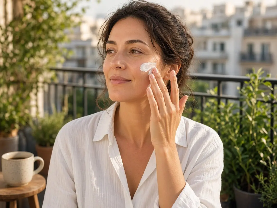 Vitamin C Serum for 20s: 7 Smart Tips for Lasting Glow Woman in her 30s smoothing sunscreen onto her cheek on a sunny balcony with a coffee mug nearby, the final step of a vitamin c serum for 20s and 30s morning routine