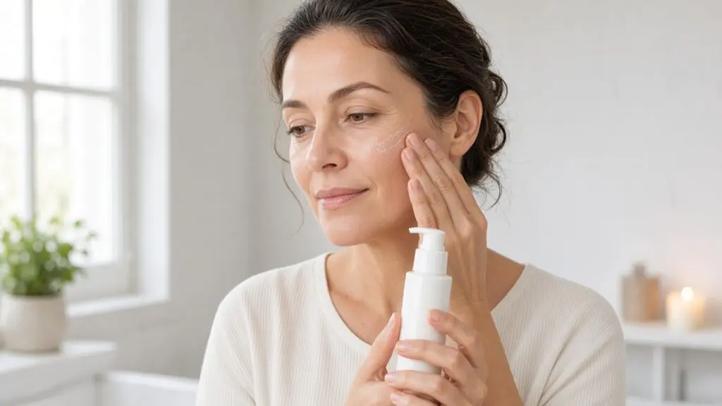 Woman in her 40s applying vitamin C serum for acne scars to her cheek while holding an airless pump bottle