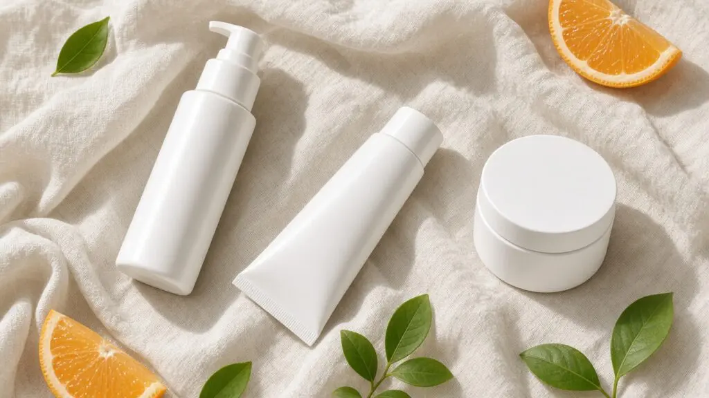 Flat lay of a morning routine with vitamin C serum for acne scars in an airless pump, sunscreen, and moisturizer.