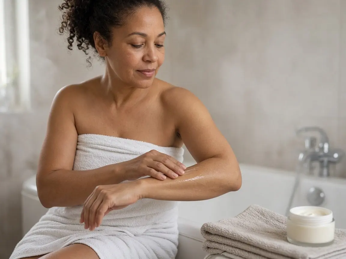 Vitamin C Serum for Body: 7 Simple Tips for Glowing Skin Woman in her 40s smoothing vitamin c serum for body care onto her forearm after a shower