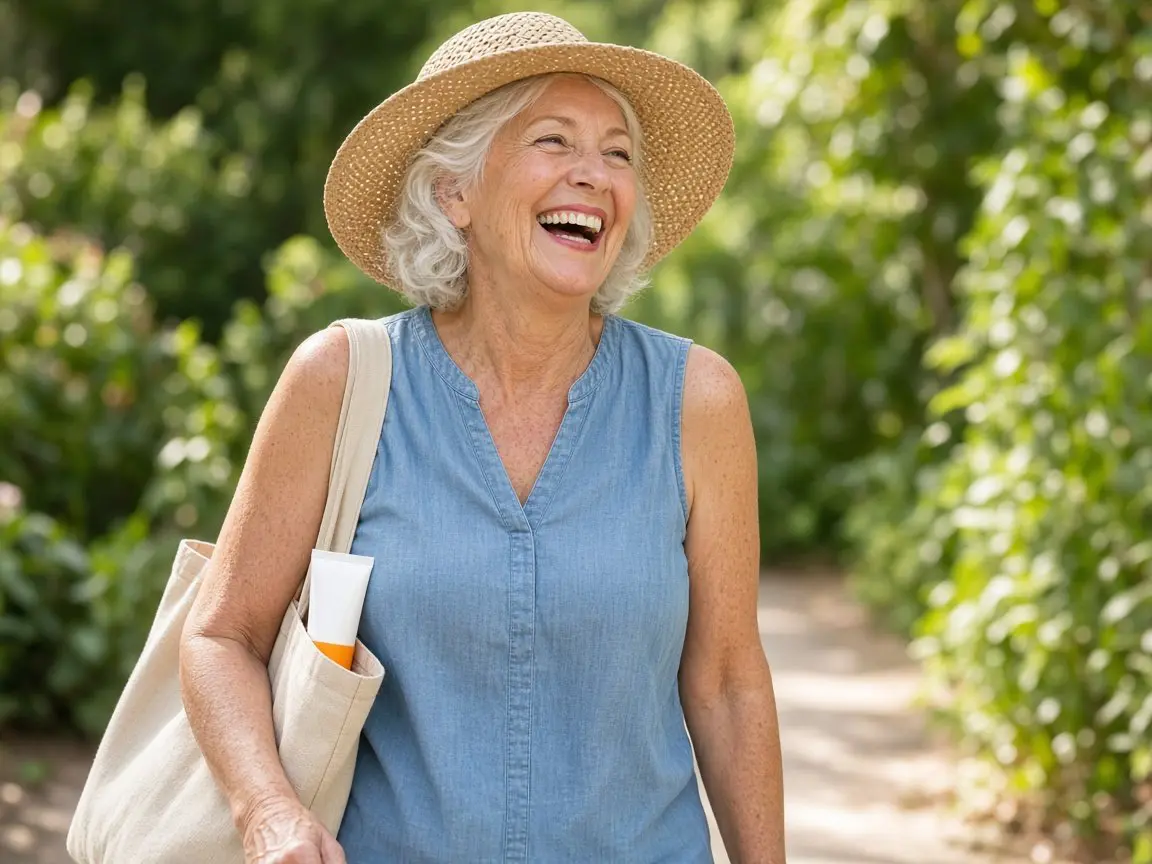 Vitamin C Serum for Body: 7 Simple Tips for Glowing Skin Smiling woman in her 60s in a straw hat with bare freckled arms and sunscreen in her tote, part of a vitamin c serum for body routine