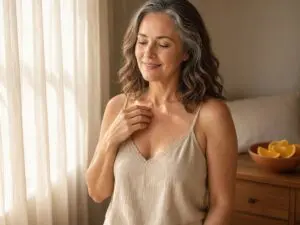 Woman in her 50s applying vitamin c serum for body care to her décolletage by a sunlit window