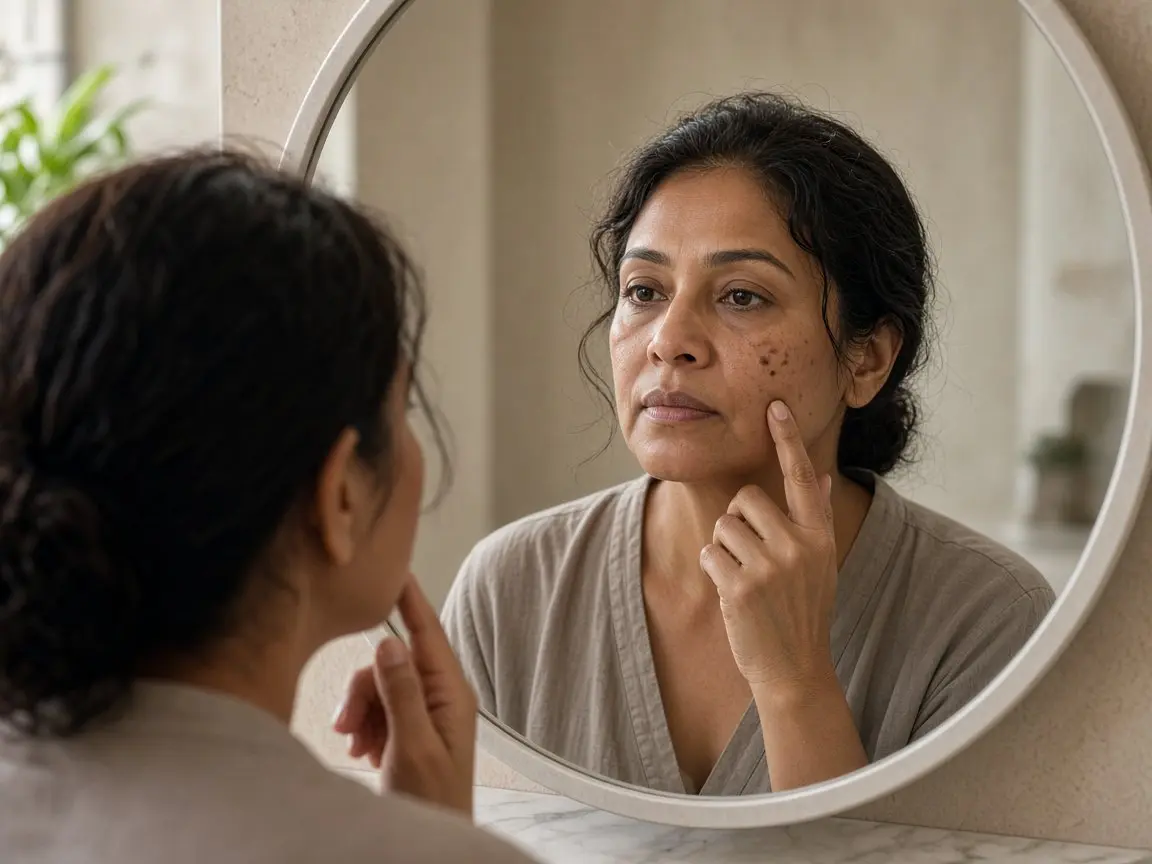 Woman in her 40s with a medium-deep brown complexion checking dark spots on her cheek in a round mirror before using vitamin c serum for dark skin