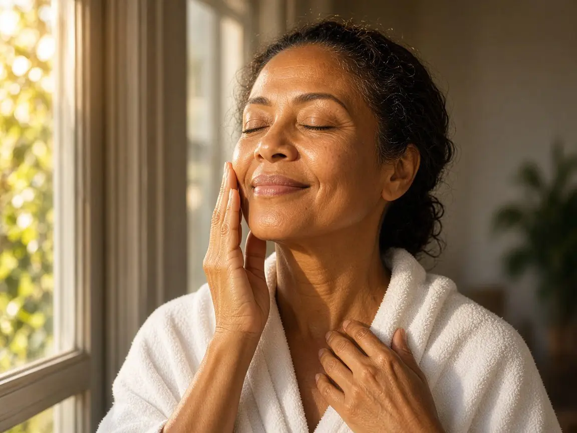 Mature woman with a warm brown complexion in a white robe patting skincare onto her cheek by a sunny window, part of her vitamin c serum for dark skin routine