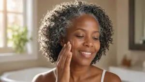 Smiling woman in her late 40s with deep brown skin and gray-streaked curls applying vitamin c serum for dark skin to her cheek