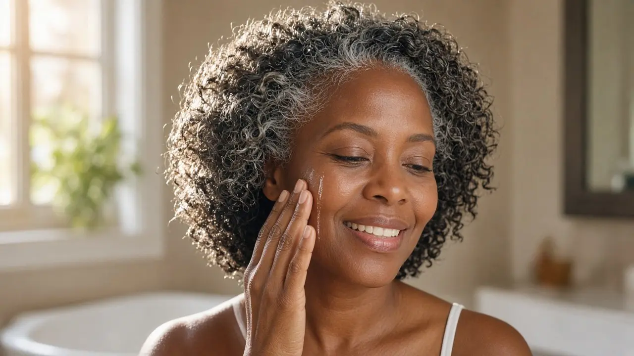 Smiling woman in her late 40s with deep brown skin and gray-streaked curls applying vitamin c serum for dark skin to her cheek