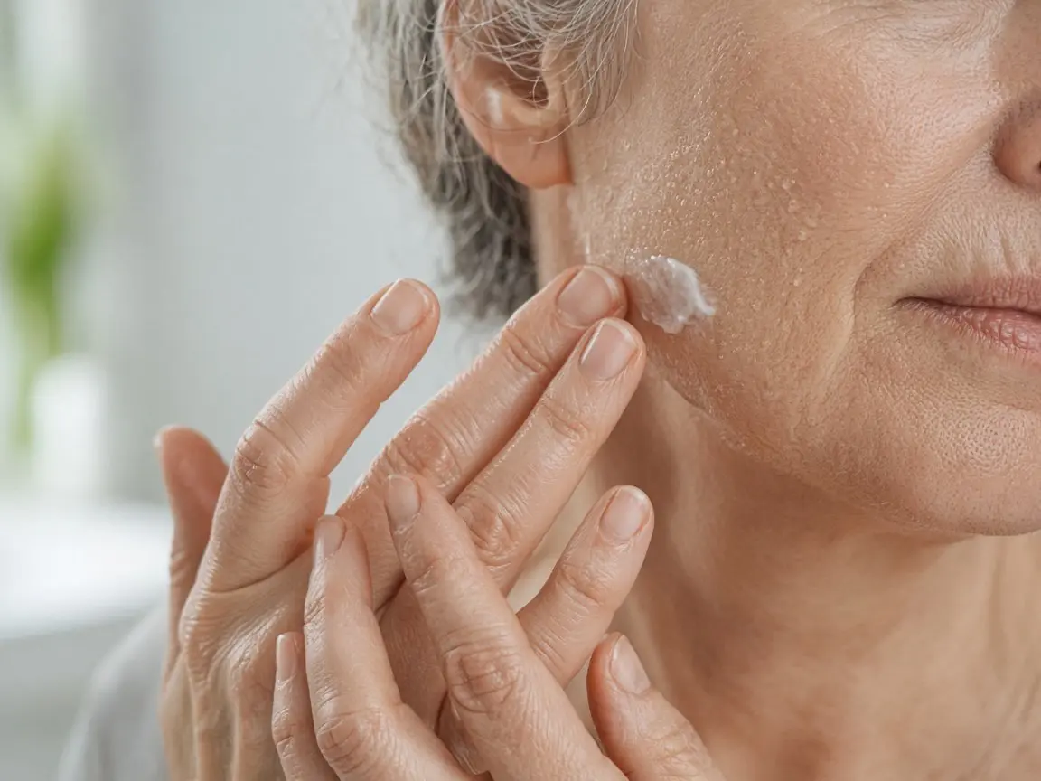 Close-up of a mature woman pressing moisturizer onto damp cheek skin to seal in a vitamin C serum for dry skin