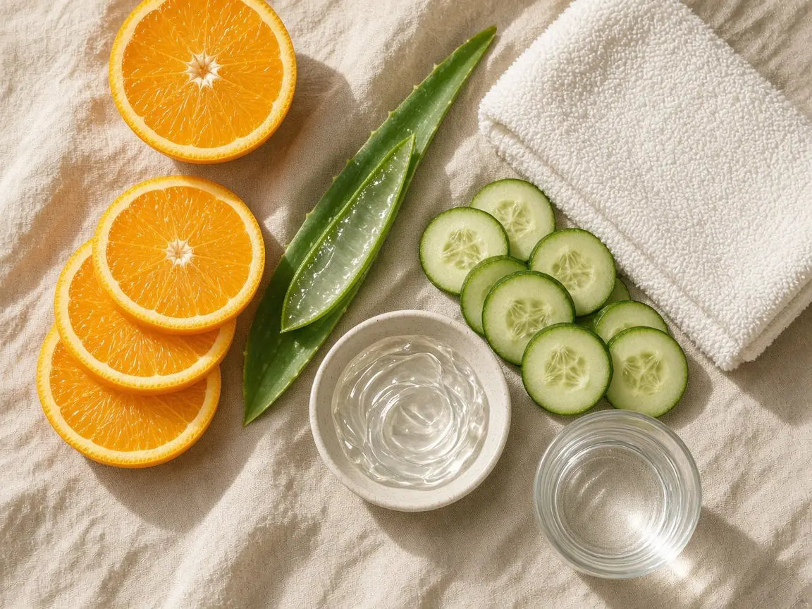 Flat lay of orange slices, cucumber, an aloe vera leaf and hydrating gel, ingredients linked with a vitamin C serum for dry skin