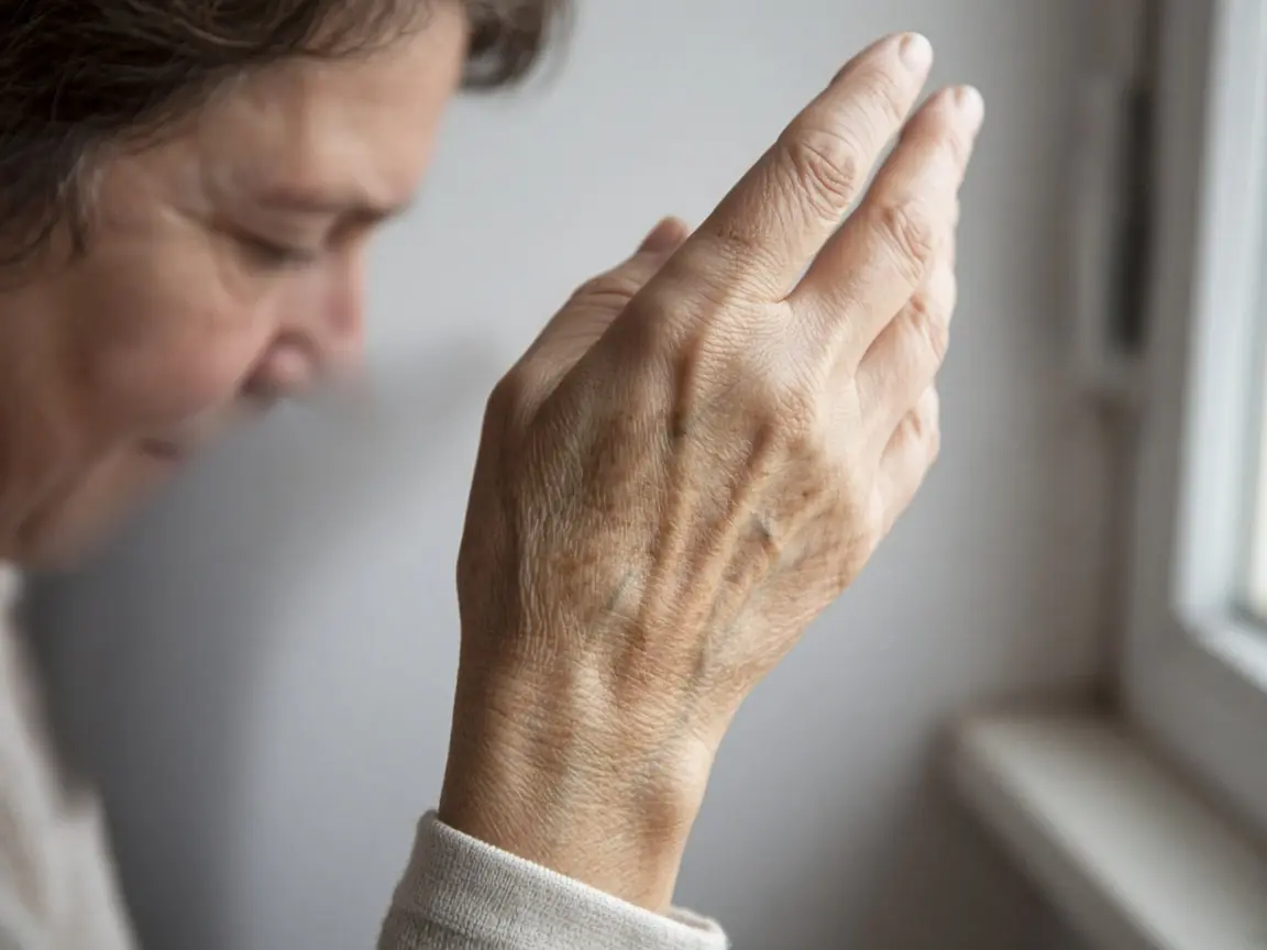Vitamin C Serum for Hands: 7 Simple Tips for Radiant Hands Close-up of a woman in her late 50s gently examining light brown sun spots on the back of her hand by a bright window, wondering about vitamin c serum for hands