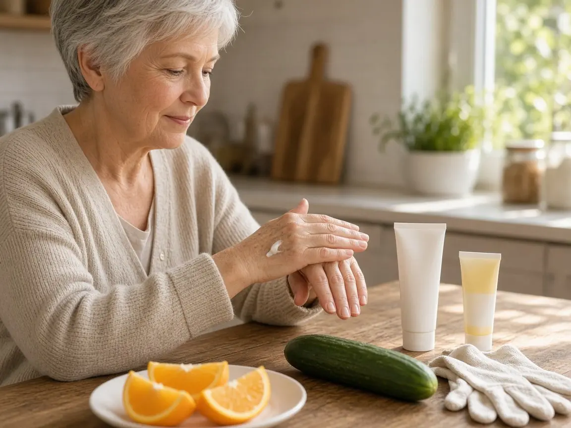 Vitamin C Serum for Hands: 7 Simple Tips for Radiant Hands Woman in her early 60s smoothing hand cream over the backs of her hands at a sunny kitchen table with orange slices and cucumber, a calm vitamin c serum for hands routine