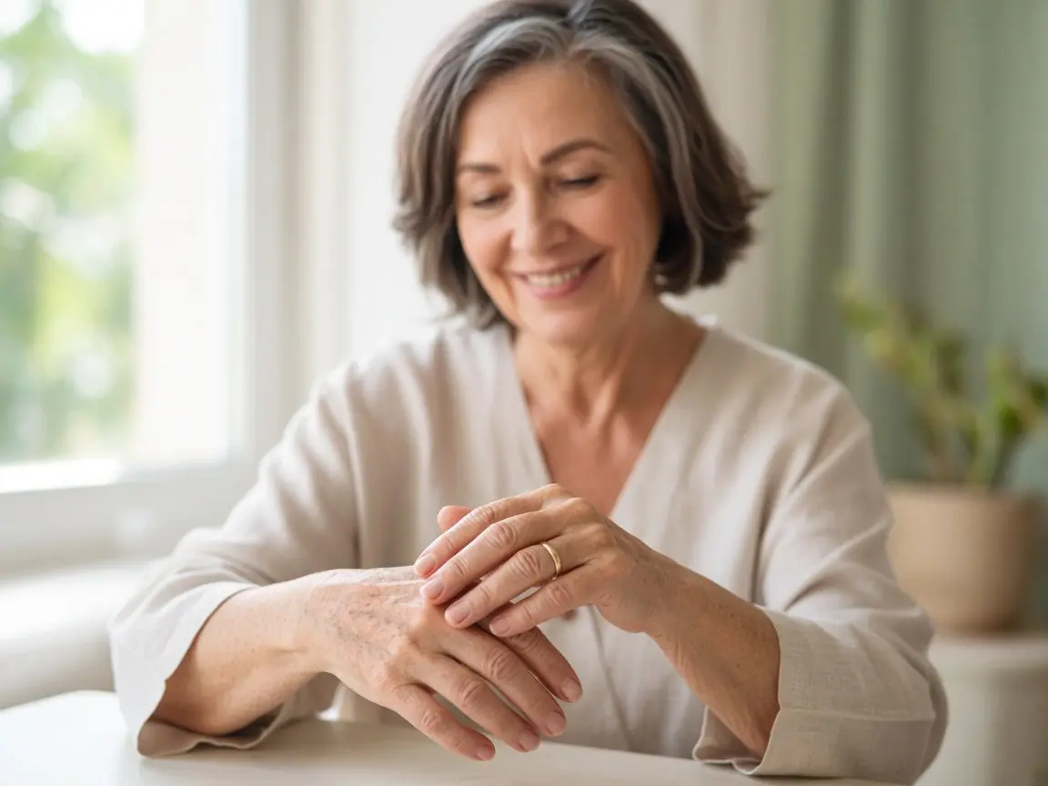 Smiling woman in her 50s with gray-streaked hair smoothing vitamin c serum for hands over the back of one hand by a sunny window
