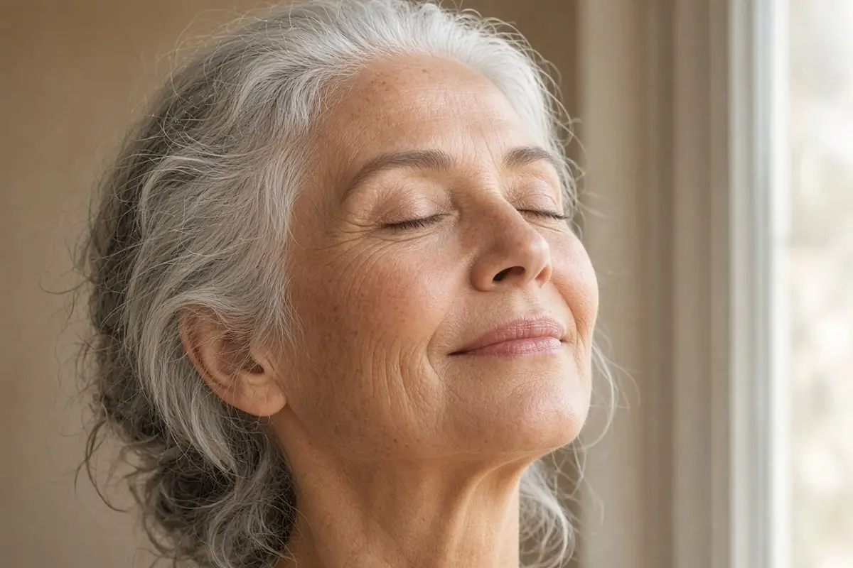 Vitamin C Serum for Mature Skin: 7 Smart Tips to Glow Woman in her 60s with silver hair and natural fine lines, eyes closed in soft window light, the kind of skin a vitamin c serum for mature skin is made for