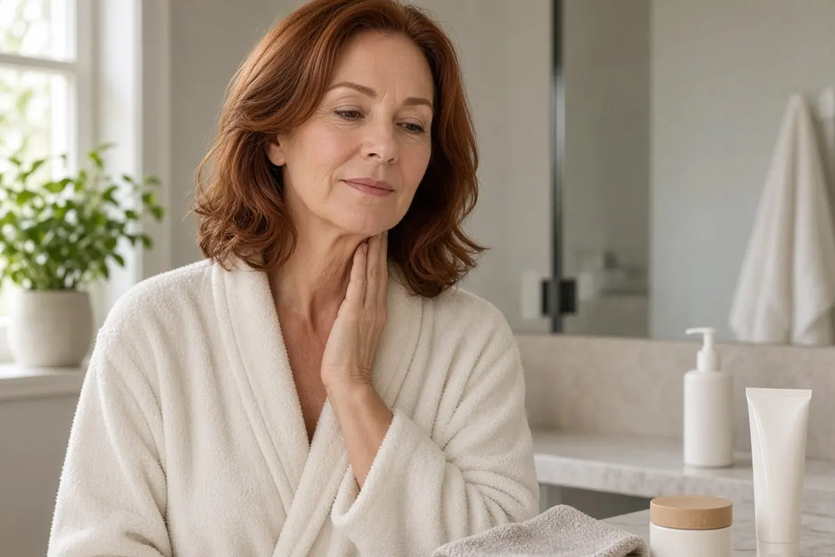 Vitamin C Serum for Mature Skin: 7 Smart Tips to Glow Woman in her 50s pressing her fingertips to her neck after applying vitamin c serum for mature skin, with a washcloth, moisturizer and sunscreen on the counter