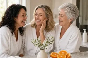 Three women in their 40s, 50s and 60s laughing at a sunny bathroom counter, one patting vitamin c serum for mature skin into her cheek