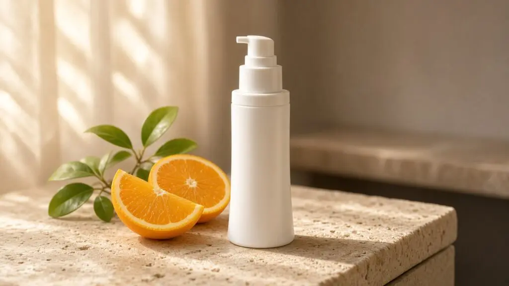 Vitamin C Serum for Melasma: 7 Proven Tips for Brighter Skin. Vitamin C serum for melasma in a white airless pump bottle on a warm beige vanity with orange slices in soft morning light.