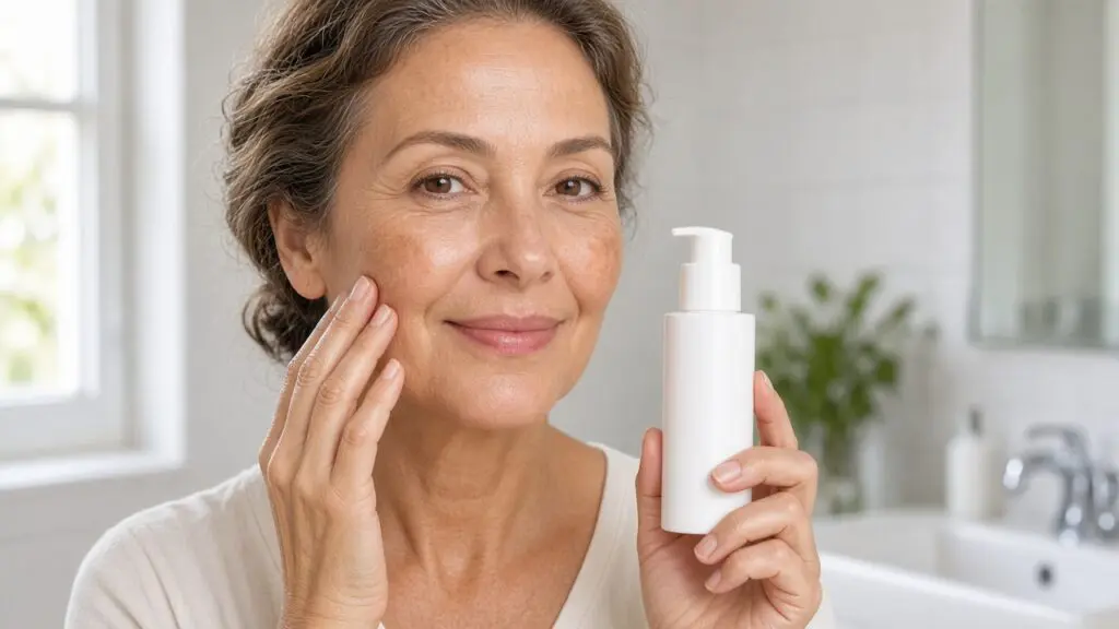 Vitamin C Serum for Melasma: 7 Proven Tips for Brighter Skin. Woman in her 50s with mild melasma touching her cheek while holding vitamin C serum for melasma in a white airless pump bottle.