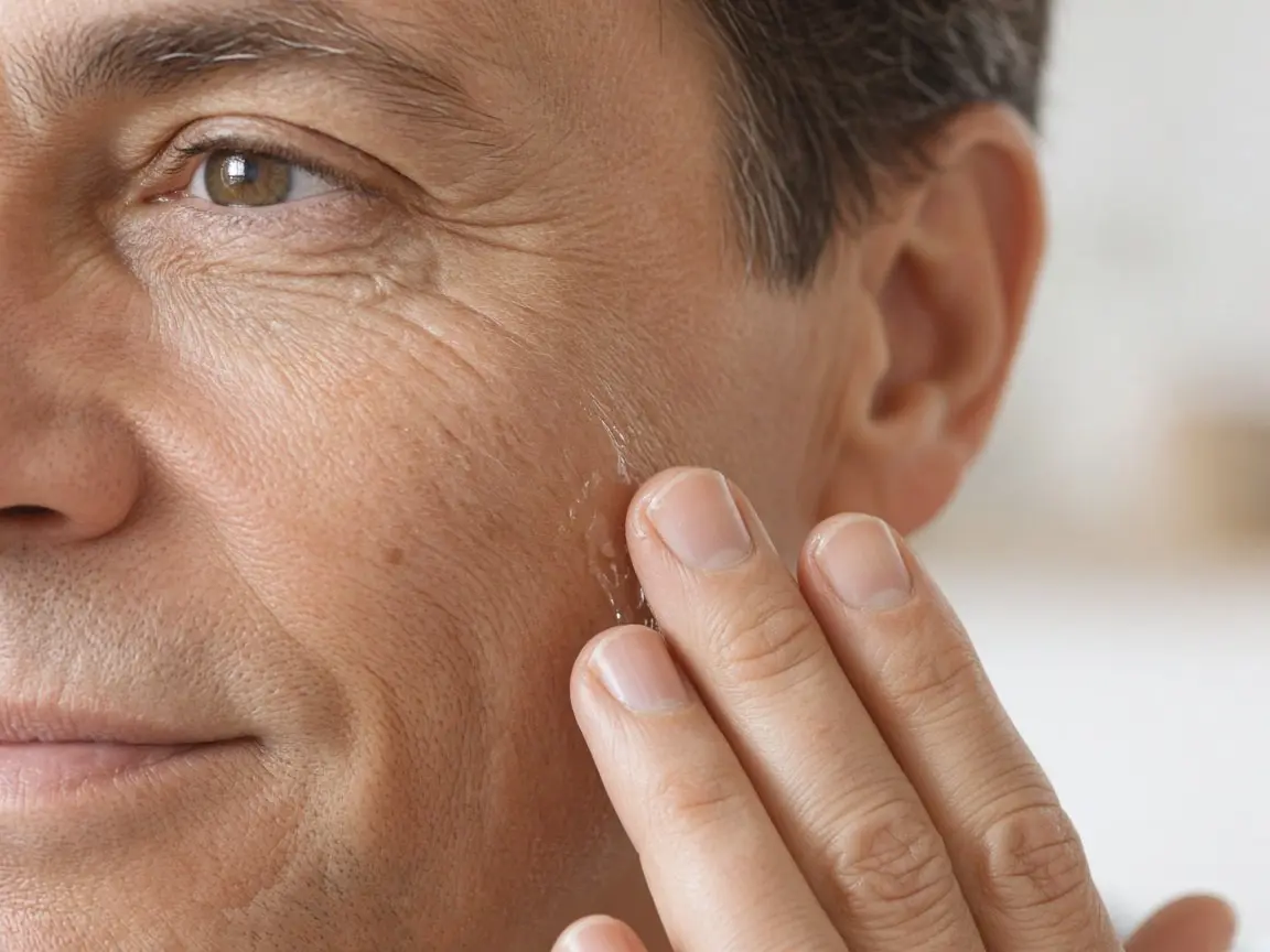 Vitamin C Serum for Men: 7 Easy Tips for Healthier Skin Close-up of a man in his 50s with crow's feet smoothing clear serum onto his cheek with his fingertips, showing how vitamin c serum for men absorbs into skin