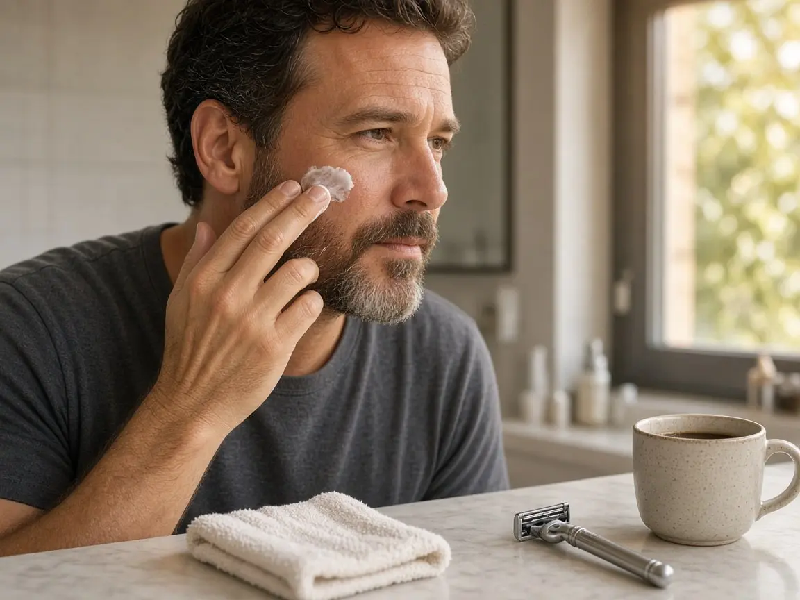 Vitamin C Serum for Men: 7 Easy Tips for Healthier Skin Bearded man in his 40s applying sunscreen above his beard line beside a razor, towel and coffee mug, finishing a vitamin c serum for men morning routine