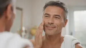 Smiling man in his late 40s with salt-and-pepper hair and stubble pressing a light serum into his cheek at a bathroom mirror, part of his vitamin c serum for men routine