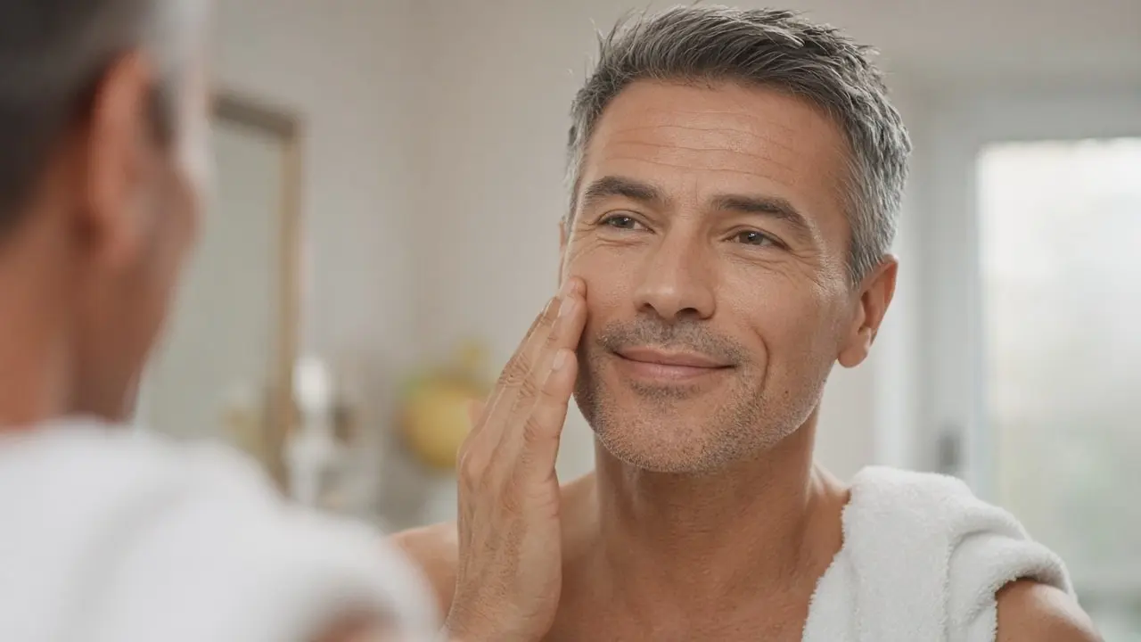 Smiling man in his late 40s with salt-and-pepper hair and stubble pressing a light serum into his cheek at a bathroom mirror, part of his vitamin c serum for men routine