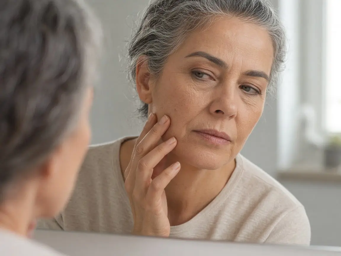Woman in her early 50s with soft gray-streaked hair examining her cheek in a bright bathroom mirror, thinking about vitamin C serum for menopause skin changes