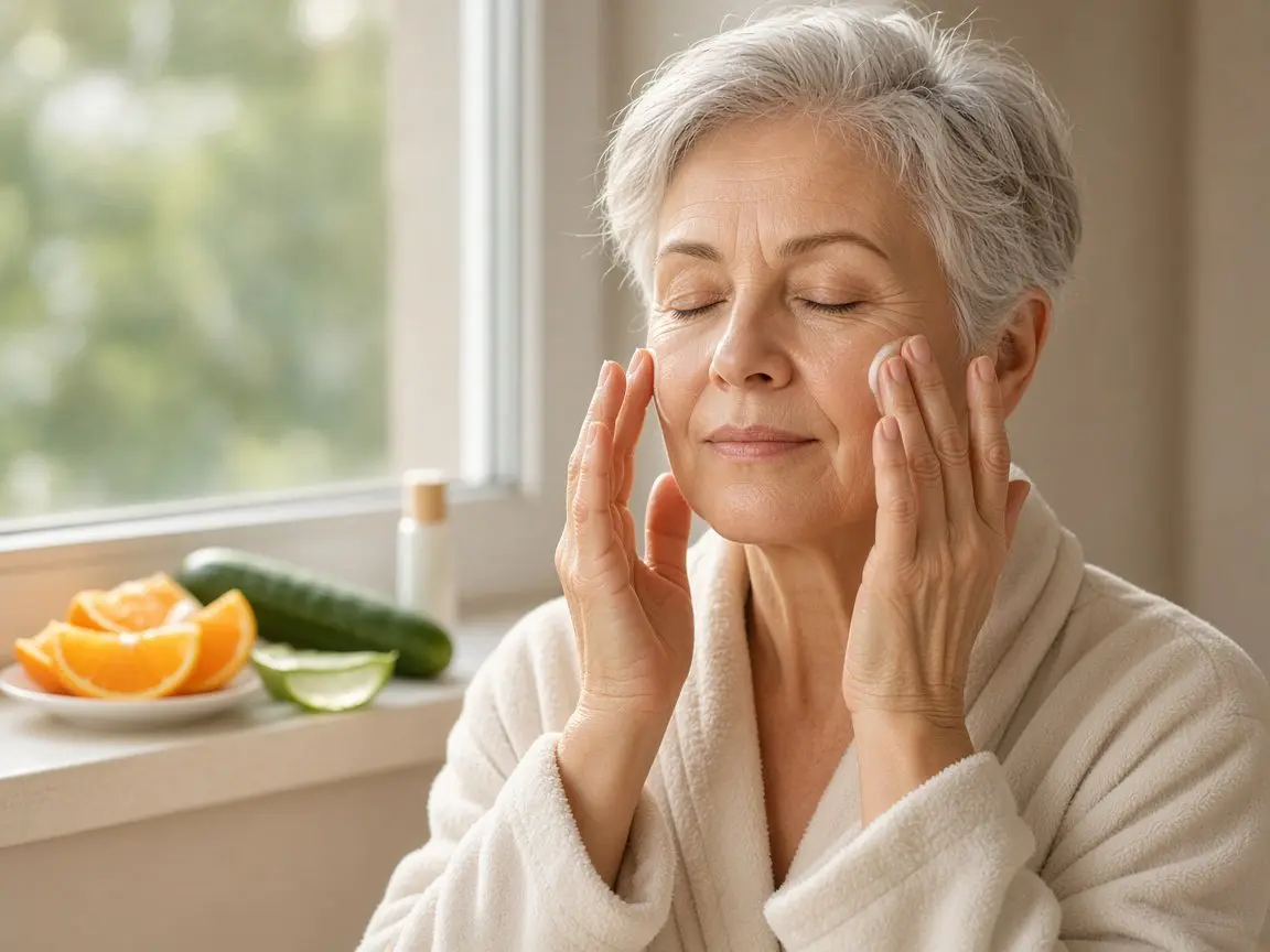 Woman in her late 50s with short silver hair, eyes closed, patting skincare onto her cheeks by a sunny window with orange slices and cucumber, a calm vitamin C serum for menopause morning routine