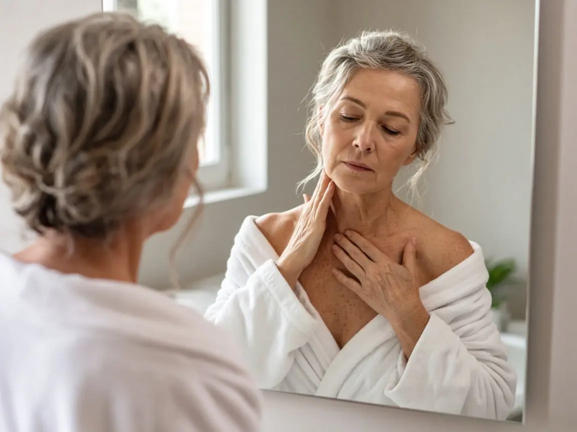 Woman in her 50s at a bathroom mirror pressing vitamin c serum for neck and chest skin onto her décolletage