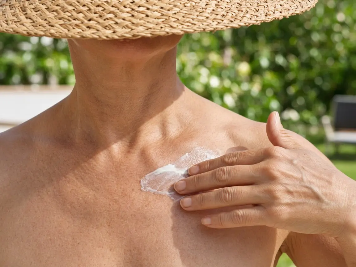 Hand smoothing sunscreen over a mature chest under a straw hat, the daytime step after vitamin c serum for neck care