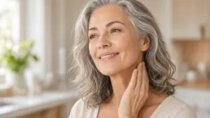 Woman in her 50s with silver hair smoothing vitamin c serum for neck skin with her fingertips
