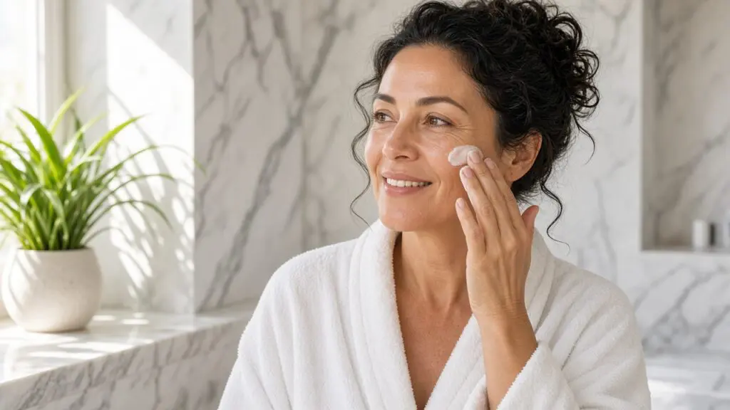 Vitamin C Serum for Oily Skin: 7 Proven Tips That Work. Woman over 40 in a white robe dabbing lightweight cream onto her cheek in a sunny bathroom morning routine with vitamin c serum for oily skin.