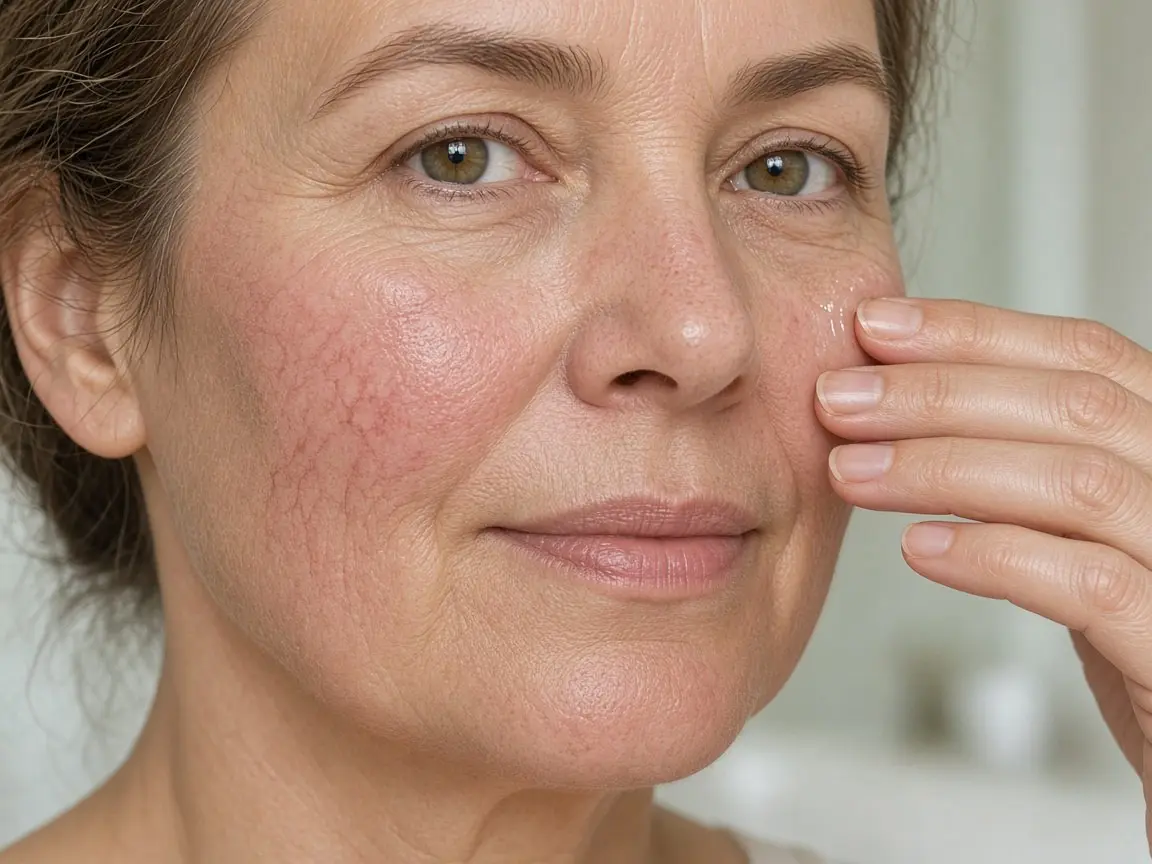 Close-up of a woman in her 50s with redness and fine visible capillaries on her cheek, patting vitamin c serum for rosacea onto her cheekbone with her fingertips