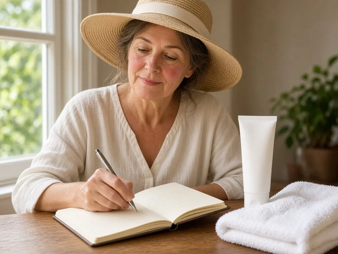 Woman over 45 with flushed cheeks in a straw sun hat writing in a skin diary beside a sunscreen tube, tracking how she reacts to vitamin c serum for rosacea