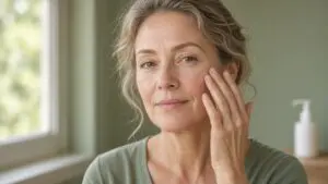 Woman in her late 40s with mild redness on her cheeks and nose gently pressing vitamin c serum for rosacea into her cheek by a sunny window